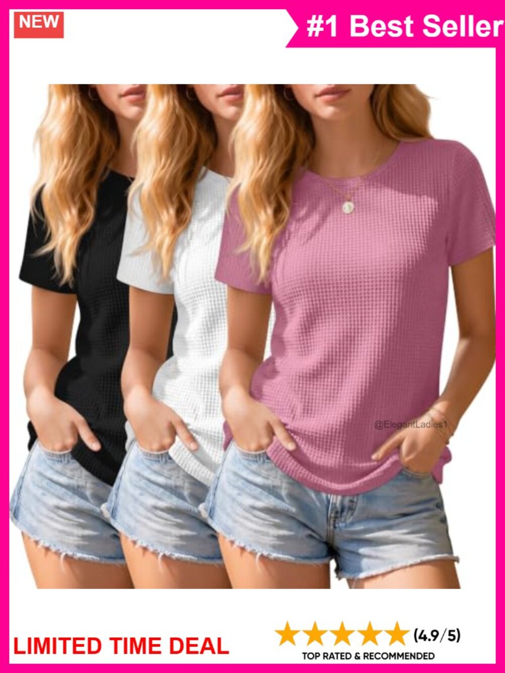 Women's Waffle Knit Short Sleeve Crew Neck Tees 3 Pack